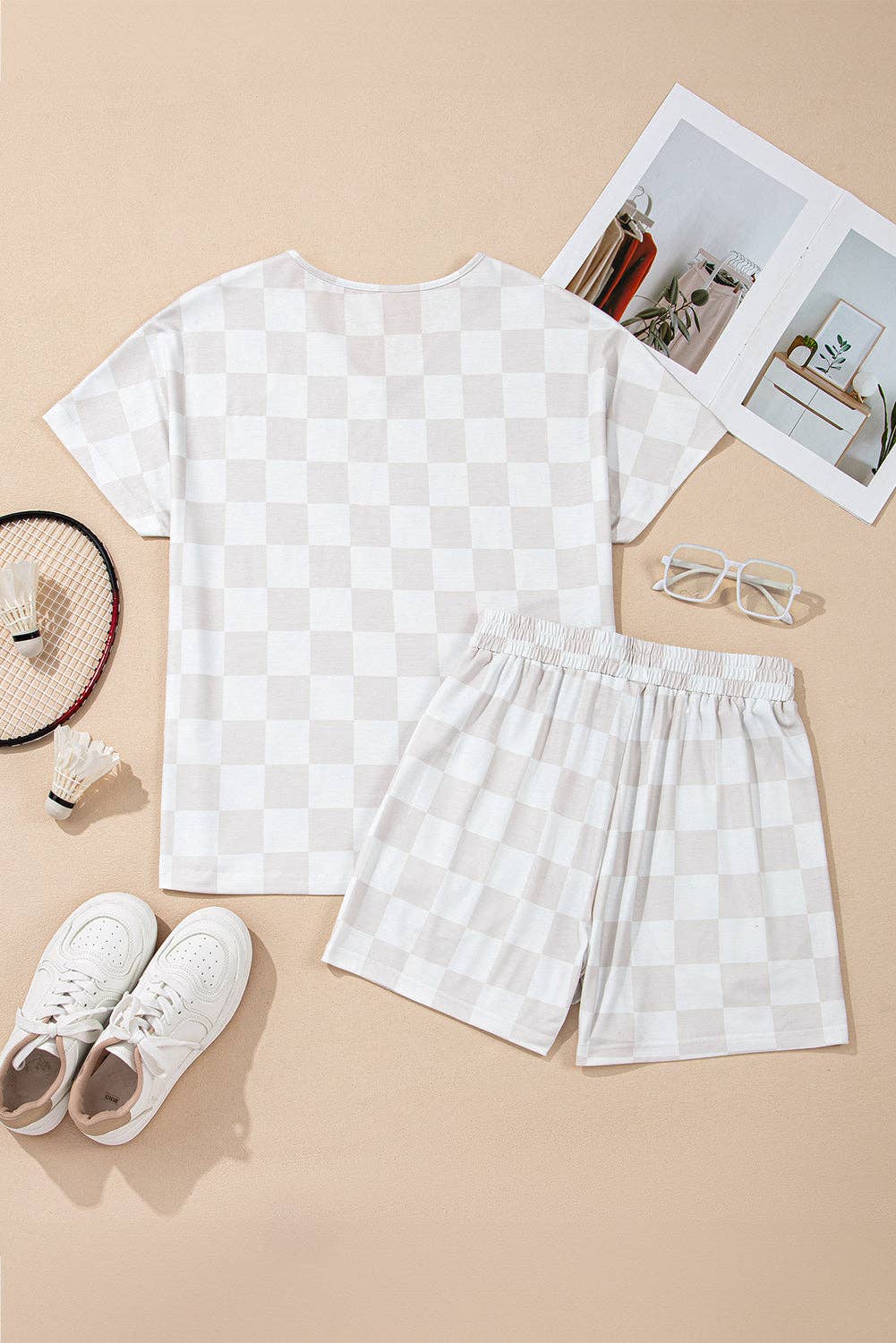Beige Checkered Lounge Set V Neck Tee Shorts: Beige / 95%Polyester+5%Elastane / L