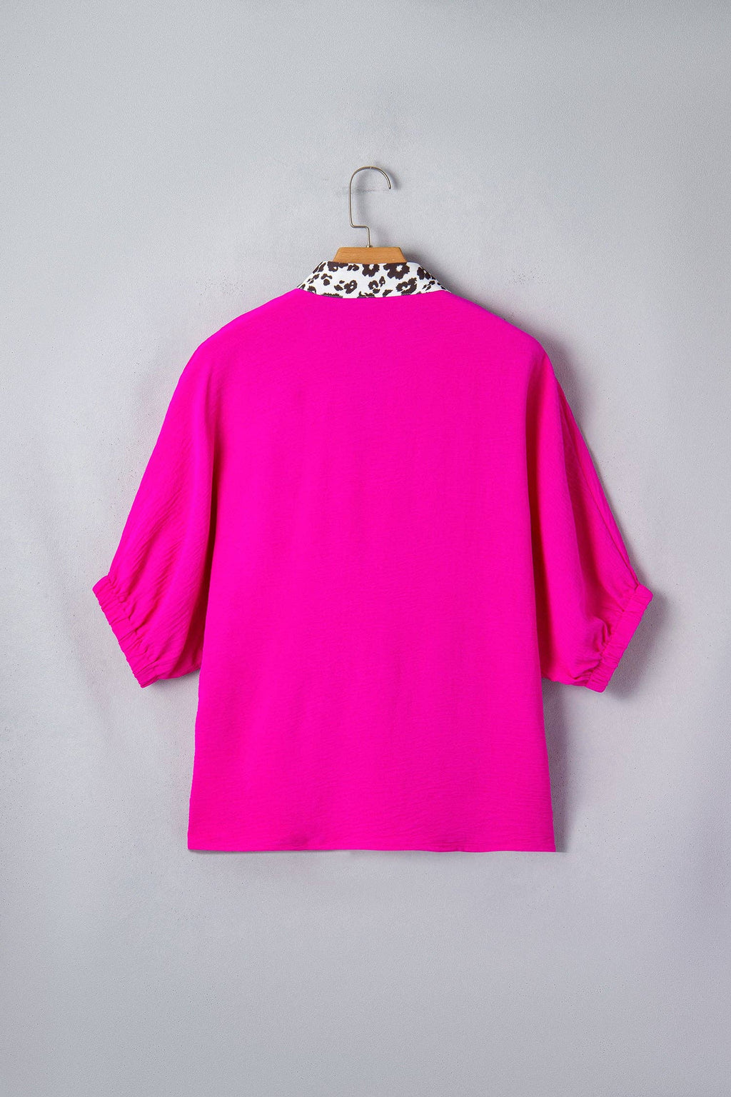 Rose Leopard Trim V Neck Dolman Sleeve Blouse Loose Fit Top: Rose Red / 100%Polyester / M