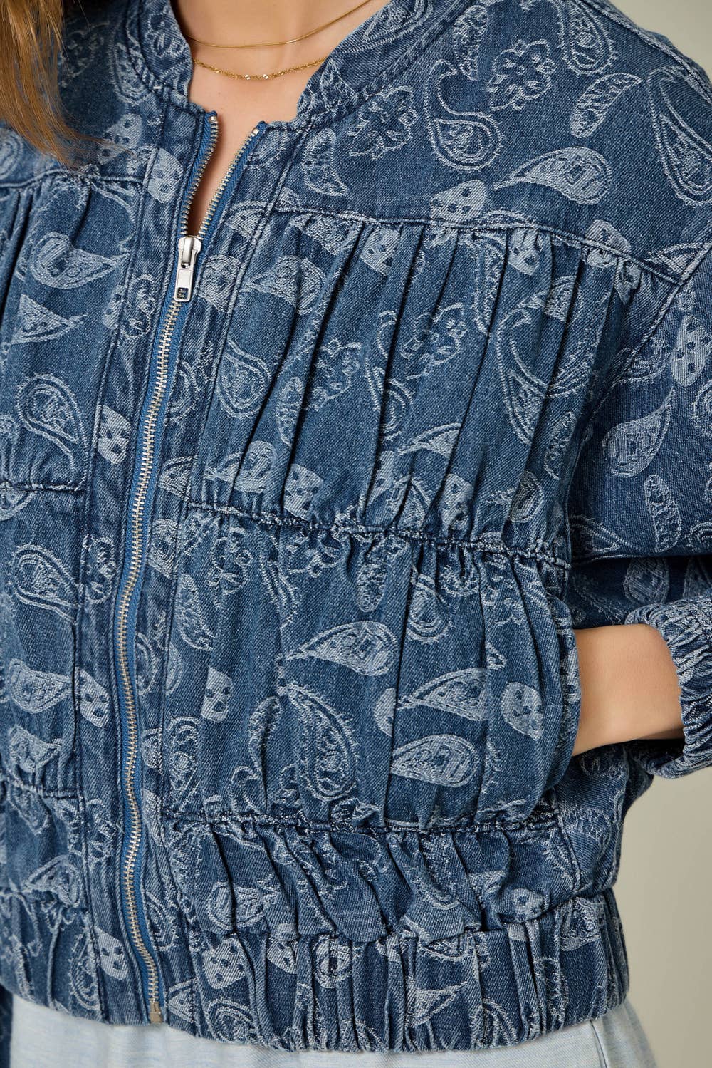 61362 Ruched Denim Bomber Jacket: Light Denim Blue / Small