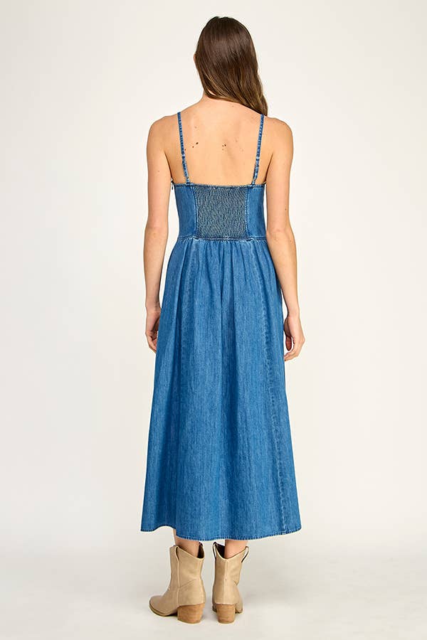DENIM BUTTON FRONT MIDI DRESS: DENIM BLUE / S
