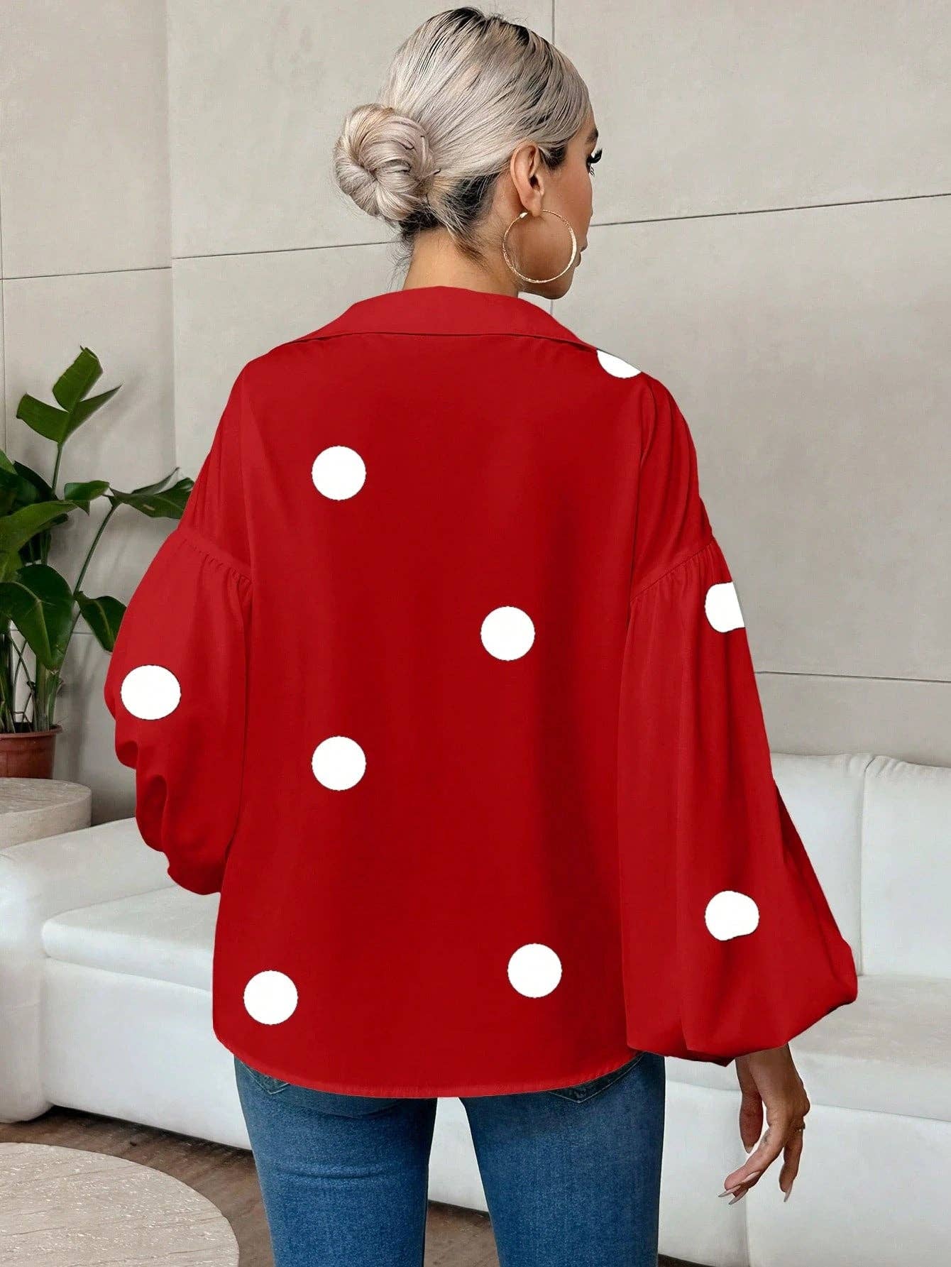 Women’s Lantern Sleeve V Neck Blouse Elegant Casual Top: White / 100% Polyester / S