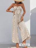 Boho Strapless Smocked Jumpsuit with Wide-Leg Flare Pants: Apricot / 100%Viscose / S