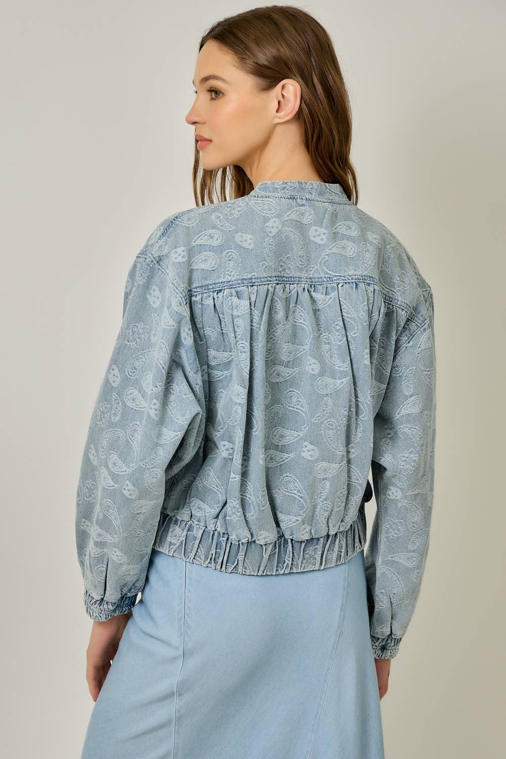 61362 Ruched Denim Bomber Jacket: Light Denim Blue / Large