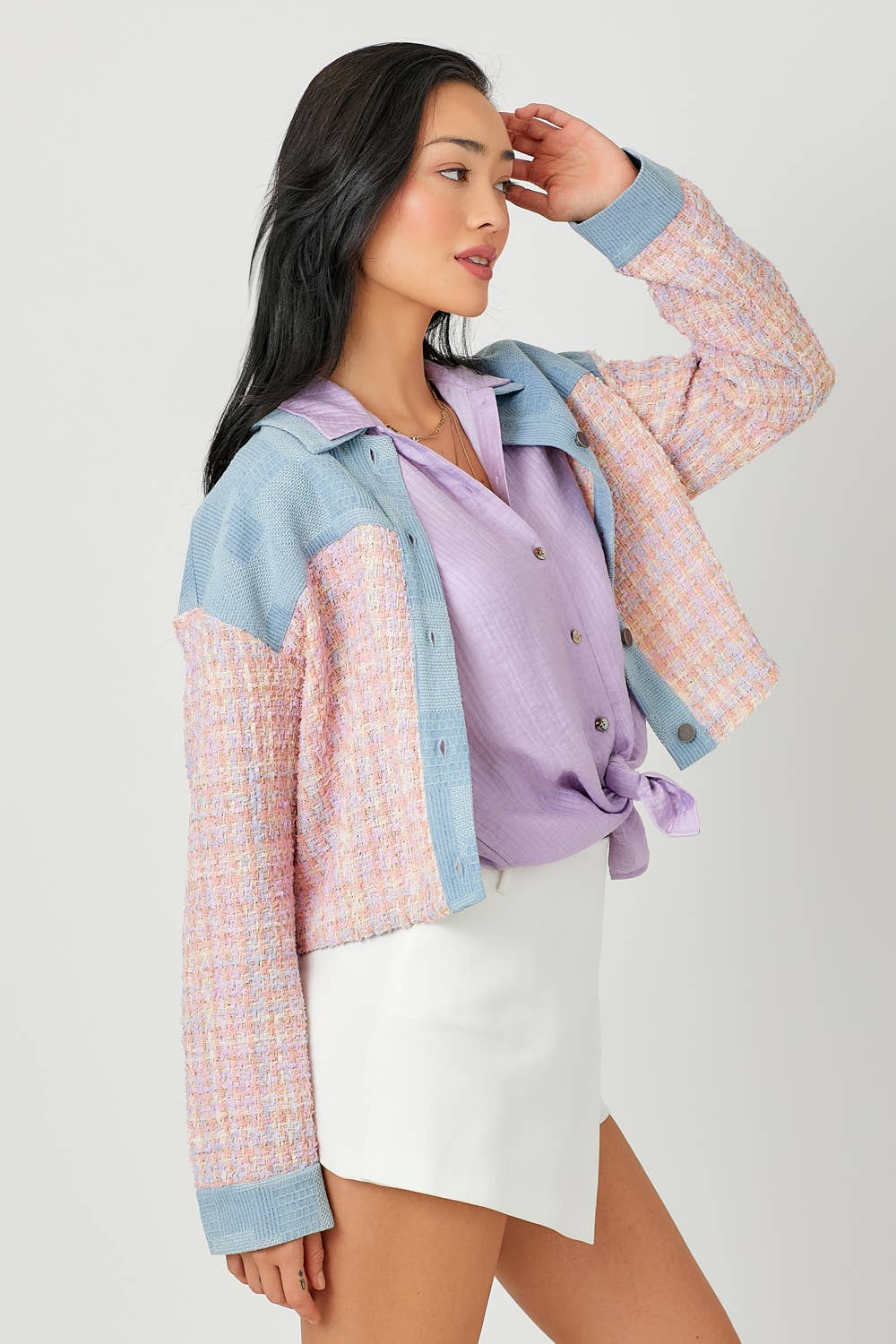 60433 Cropped Denim Mixed Jacket: Ivory Mix / Small