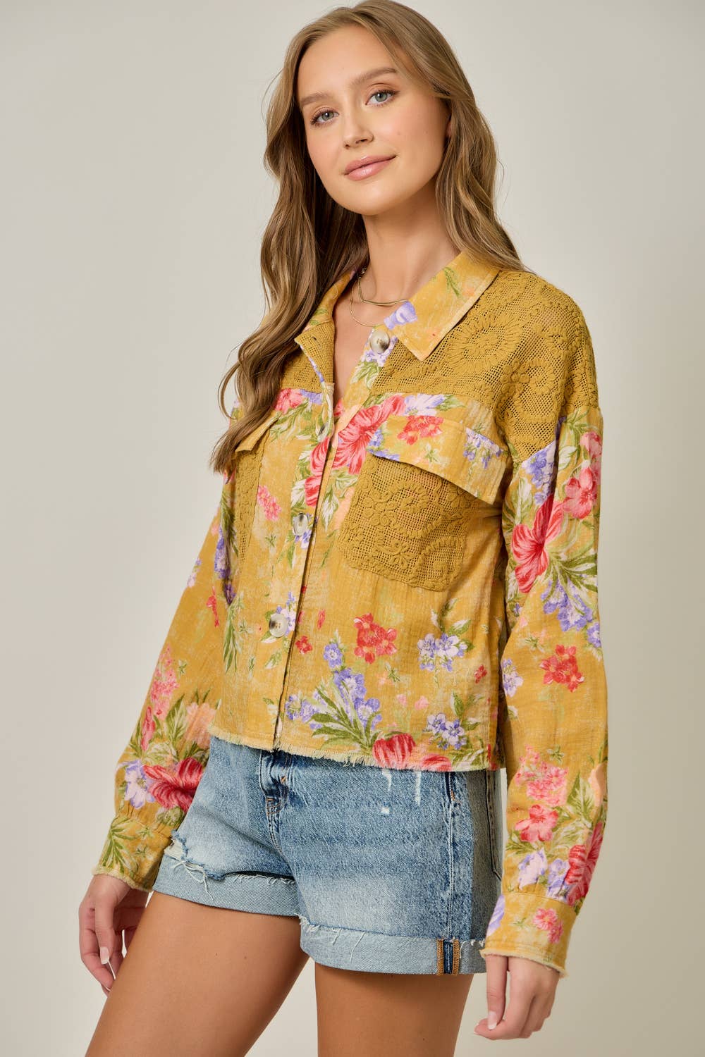 61438 Floral Mixed Media Jacket: White Mix / Small