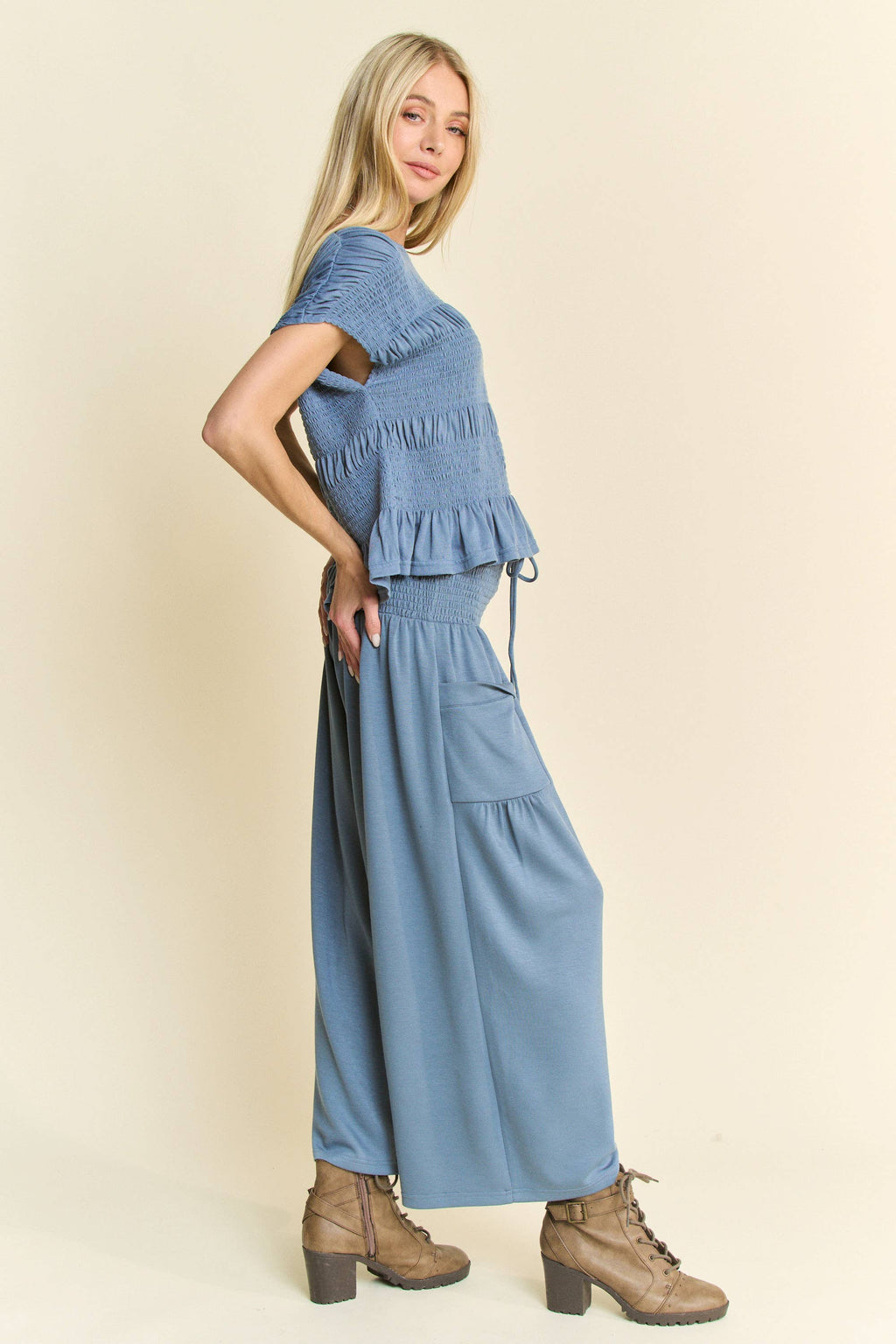 RUFFLE CAP SLEEVE TOP AND WAISTBAND PANTS SET: INDIGO BLUE / L