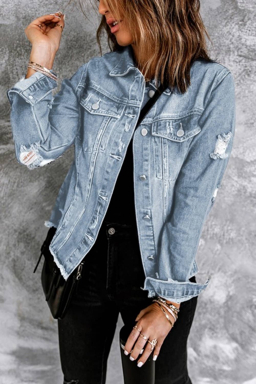 Lapel Distressed Raw Hem Buttons Denim Jacket (S-2XL): Blue / Missy / S