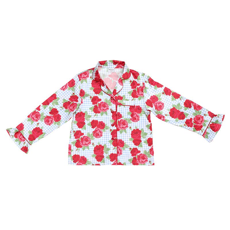 Ruffled PJ Set with Velvet Tie - Blue Gingham + Red Roses: Small