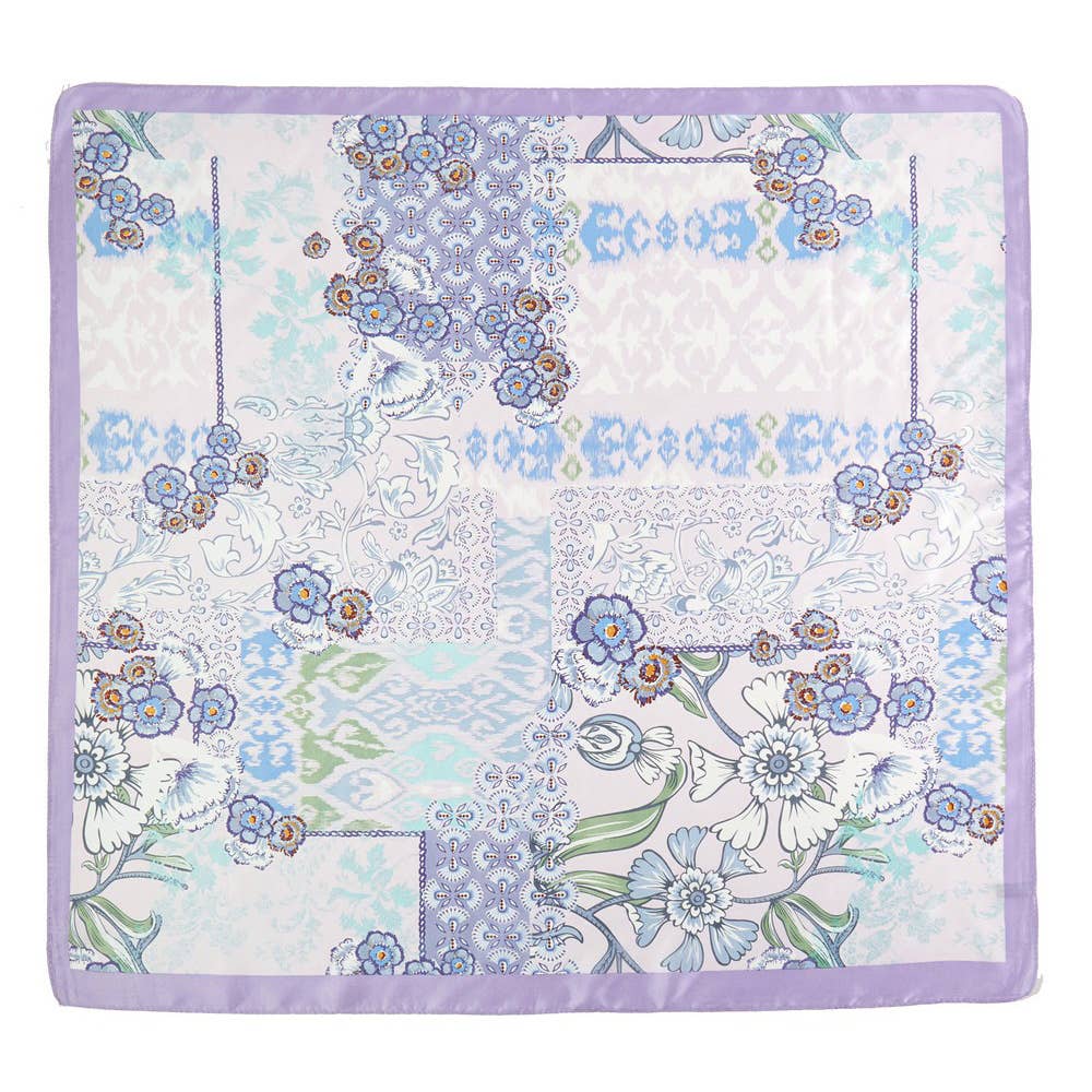 Pastel Floral Patchwork Printed Square Silky Satin Scarf: AQ