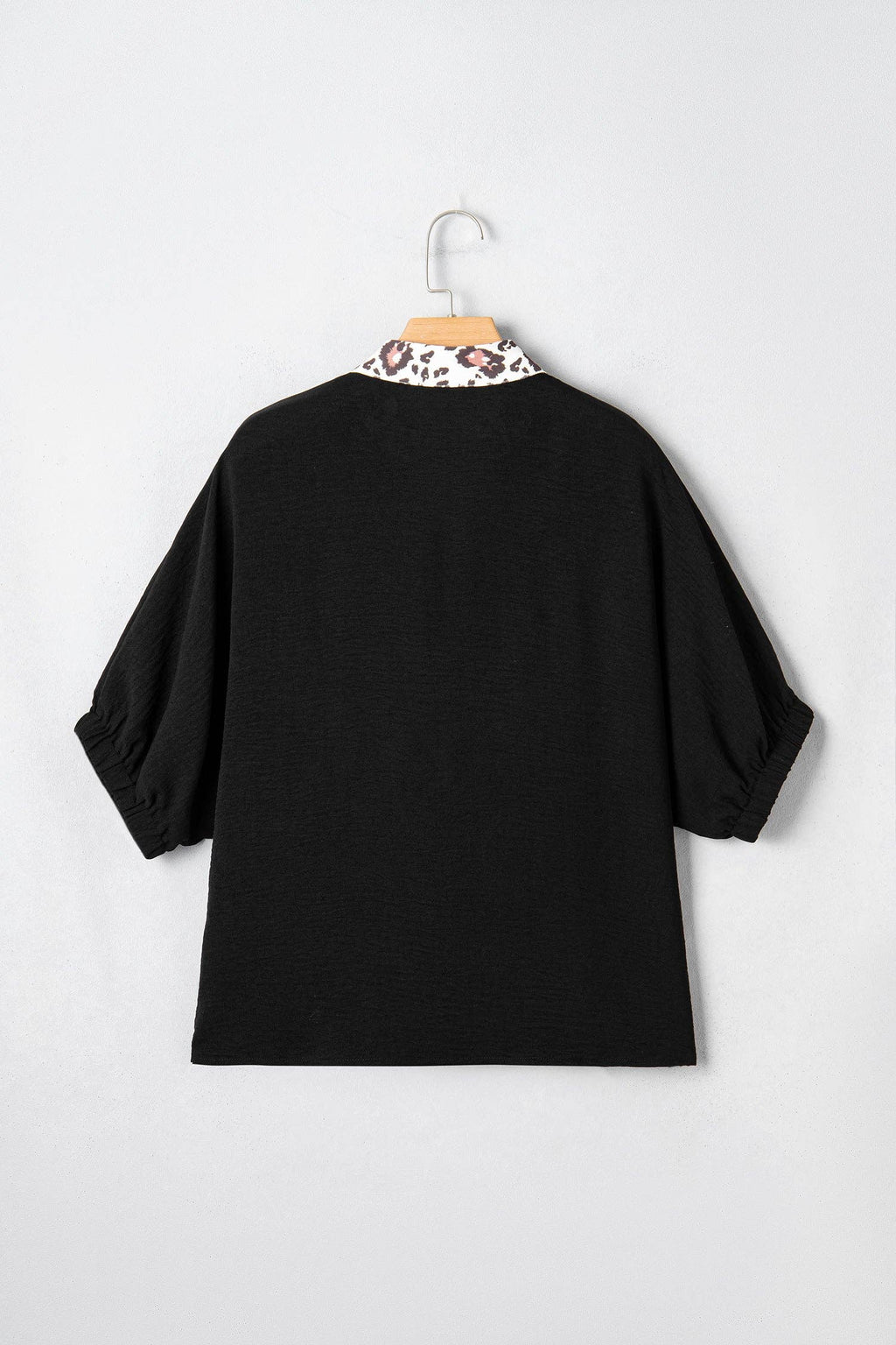 Rose Leopard Trim V Neck Dolman Sleeve Blouse Loose Fit Top: Black / 100%Polyester / XL