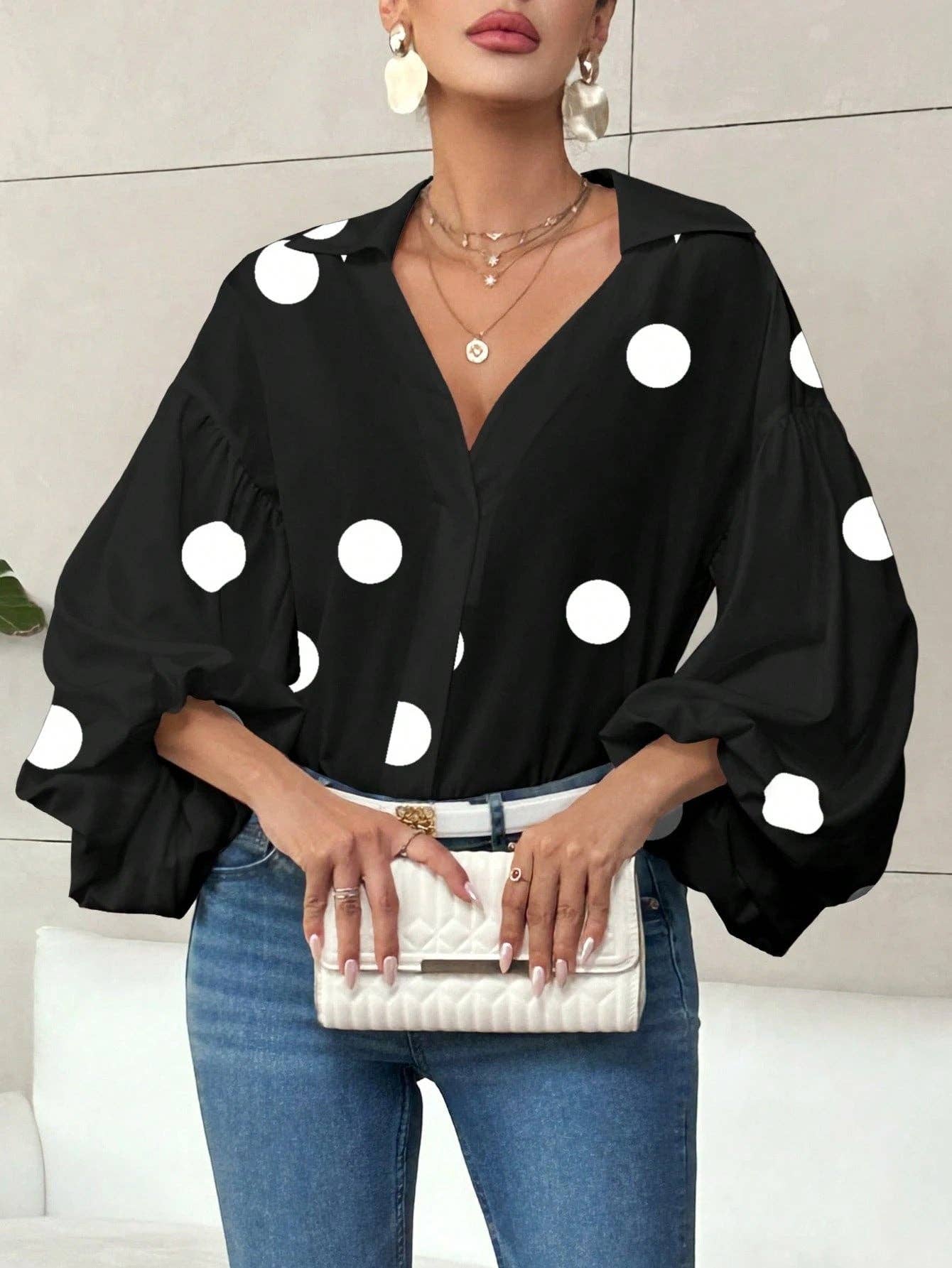 Women’s Lantern Sleeve V Neck Blouse Elegant Casual Top: Navy Blue Polka Dots / 100% Polyester / S