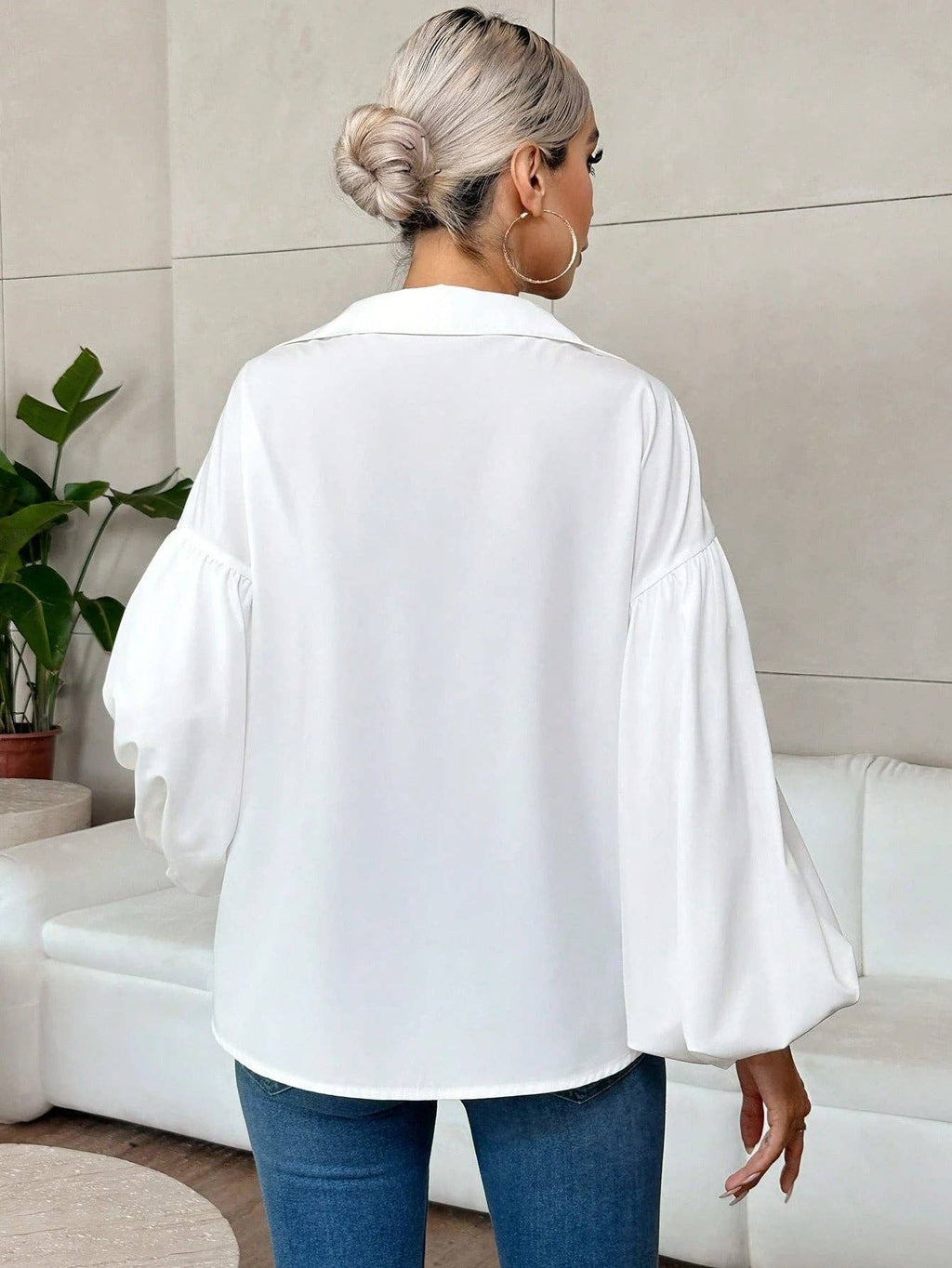 Women’s Lantern Sleeve V Neck Blouse Elegant Casual Top: White / 100% Polyester / XL