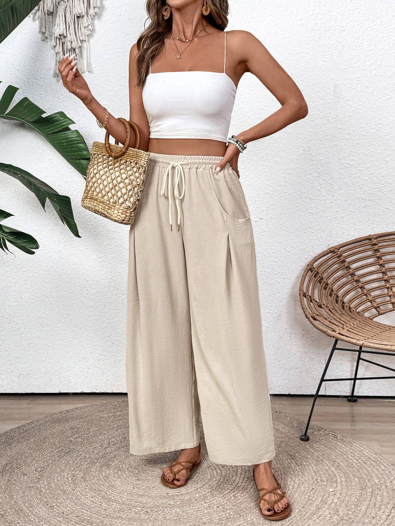 Women’s Drawstring Wide Leg Pants Casual Vacation