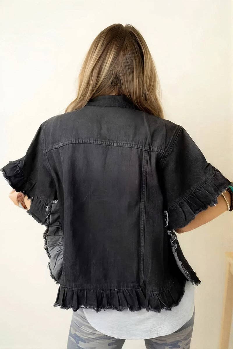Frayed Hem Denim Jacket: BLUE / S