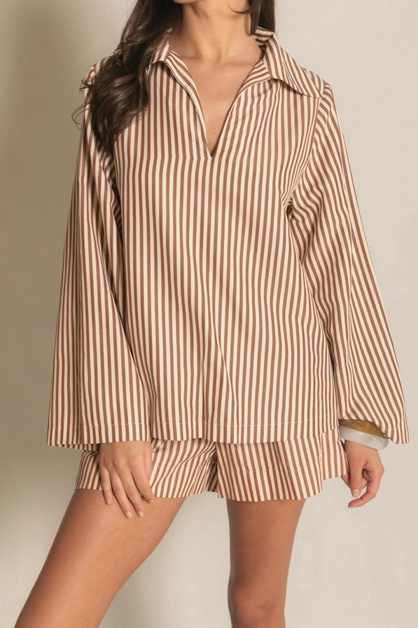 Poplin V-Neck Striped Blouse