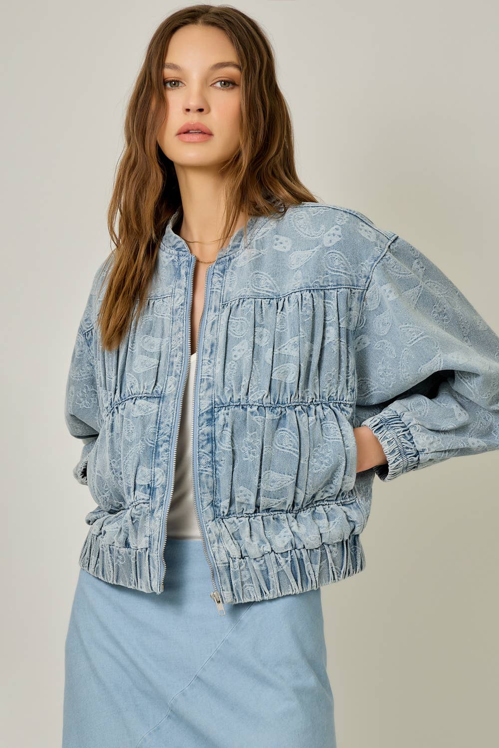 61362 Ruched Denim Bomber Jacket: Light Denim Blue / Small