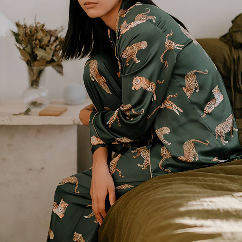Long Sleeve Button Front Pajama Set with Tiger Print and Sat: Olive Green / Large 12-14