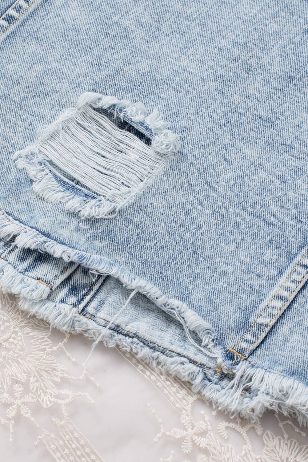 Lapel Distressed Raw Hem Buttons Denim Jacket (S-2XL): Blue / Missy / XL