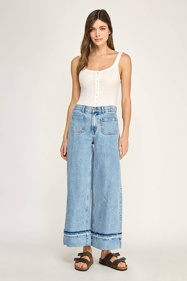 WIDE LEG CUFFED DENIM JEANS: DENIM BLUE / L