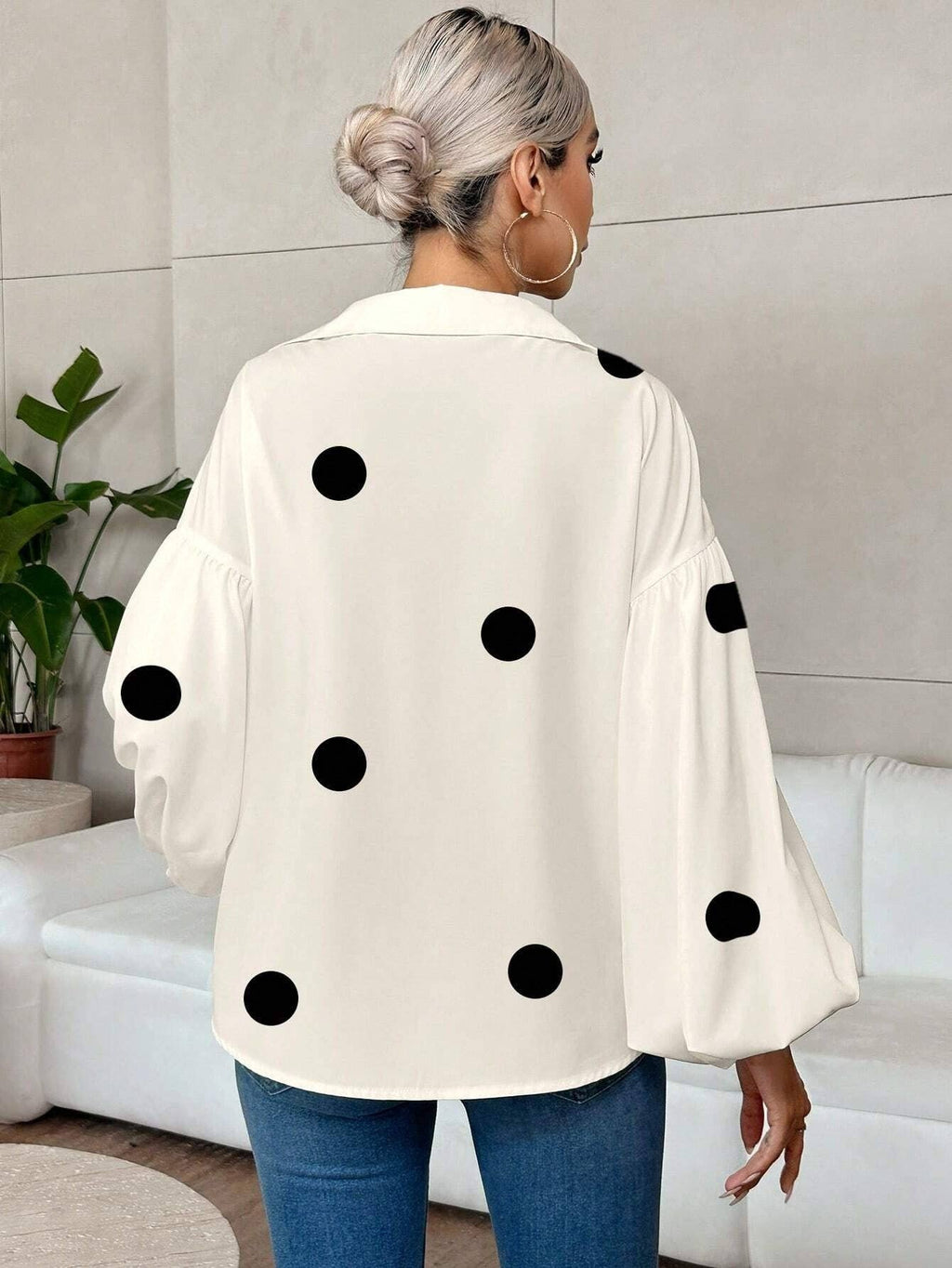 Women’s Lantern Sleeve V Neck Blouse Elegant Casual Top: White / 100% Polyester / XL