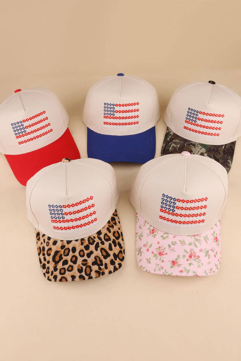 Star Floral American Flag Two Tone Cotton Hat: FLORAL / 1(ONE SIZE)