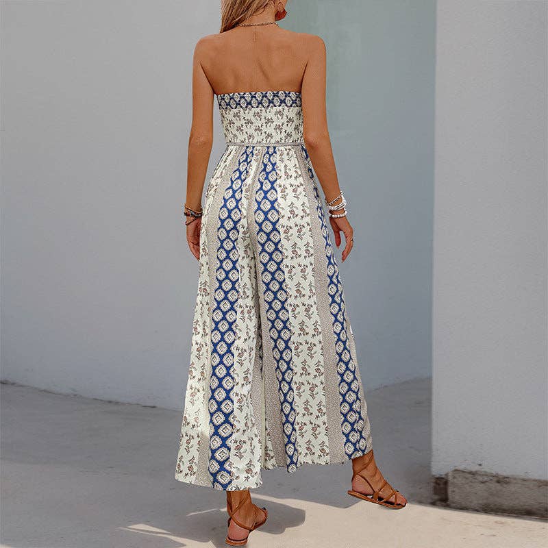 Boho Strapless Smocked Jumpsuit with Wide-Leg Flare Pants: Apricot / 100%Viscose / S