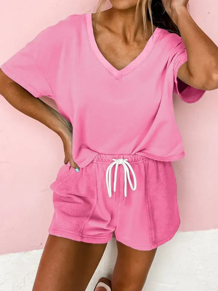 Women’s V-Neck Tee and Drawstring Shorts Lounge Set: Bonbon / 70%Polyester+25%Cotton+5%Elastane / XL