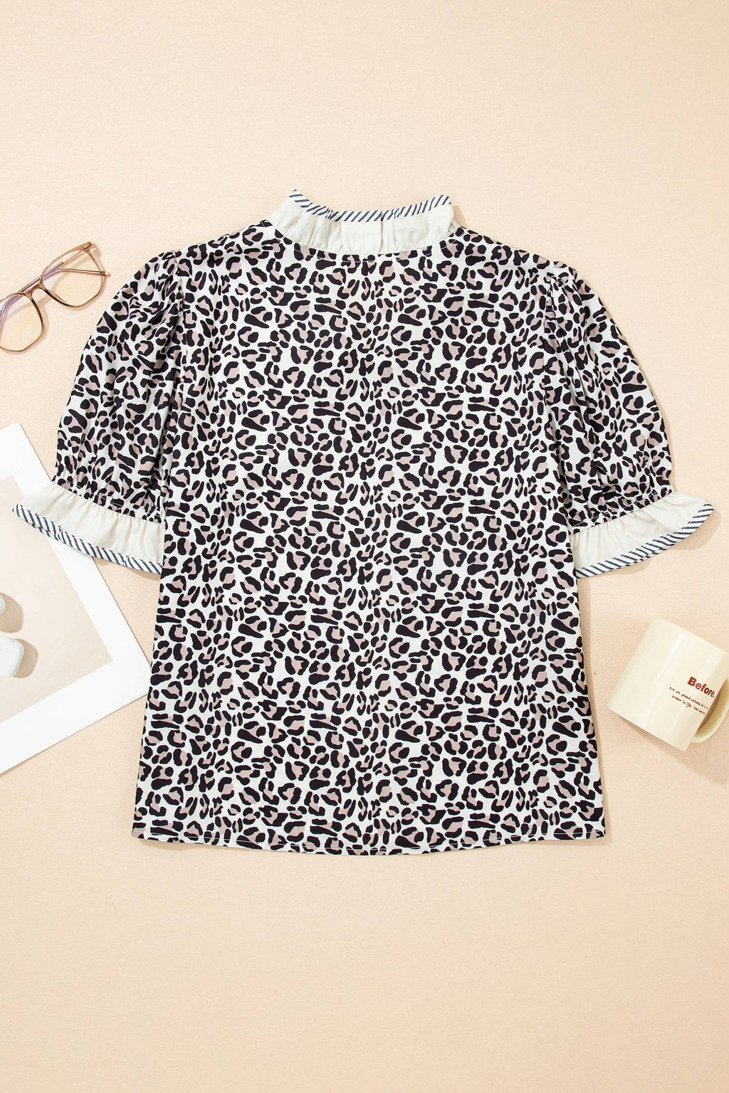 Leopard Print V Neck Blouse with Striped Ruffle Trim