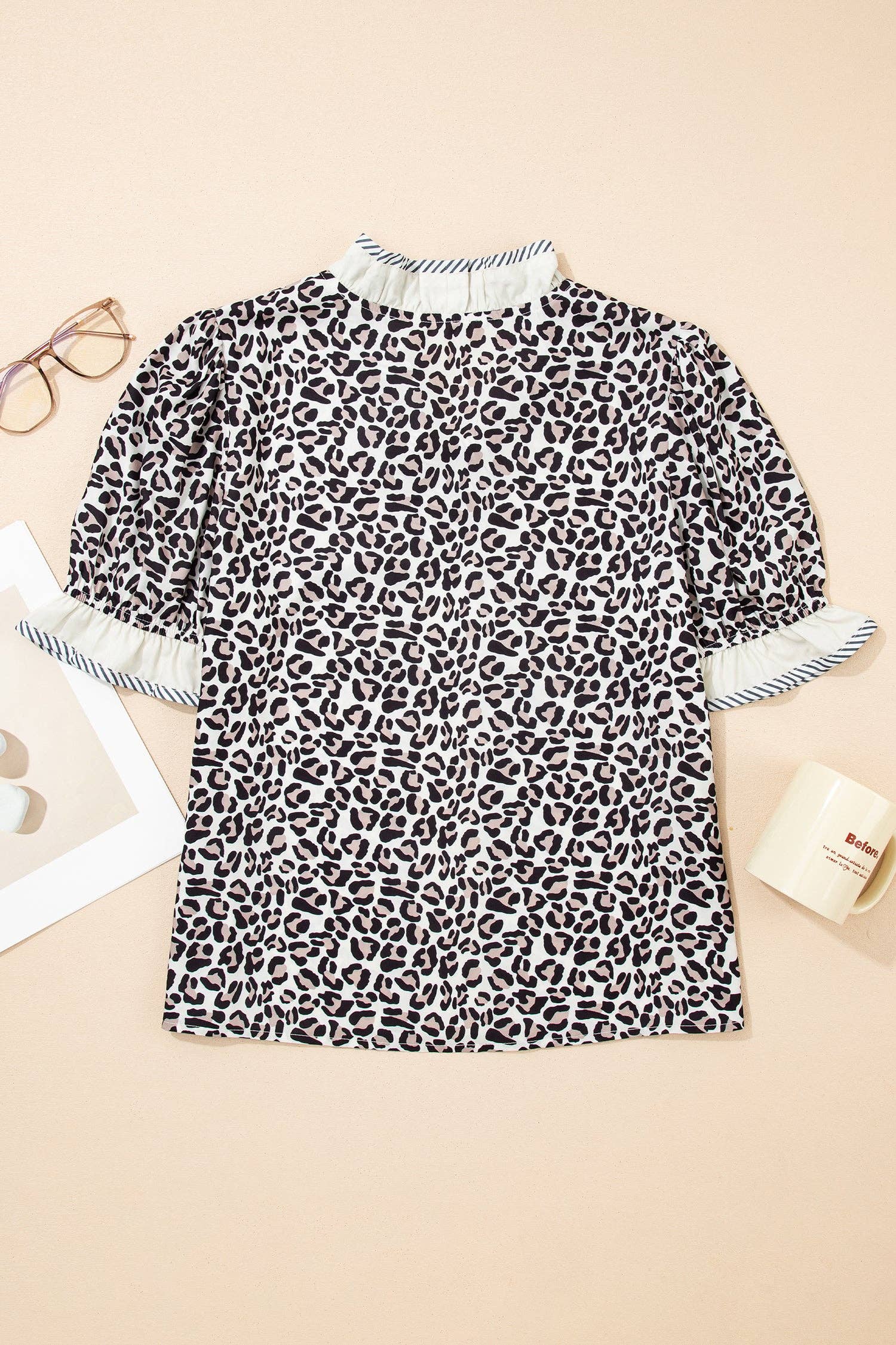 Leopard Print V Neck Blouse with Striped Ruffle Trim: Black / 100%Polyester / XL