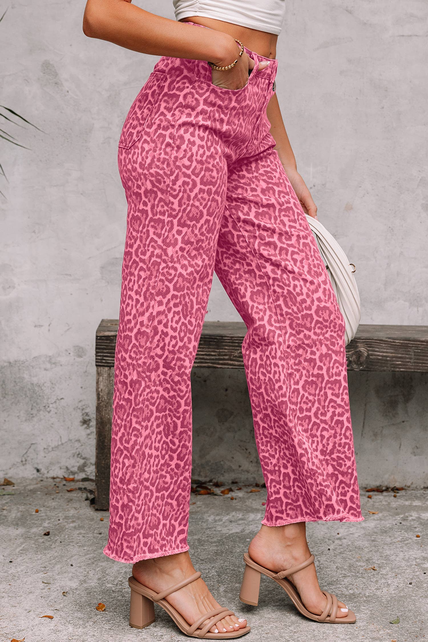 66 Western Leopard Love Edge Wide Leg High Waist Jeans: Light Gray / 14