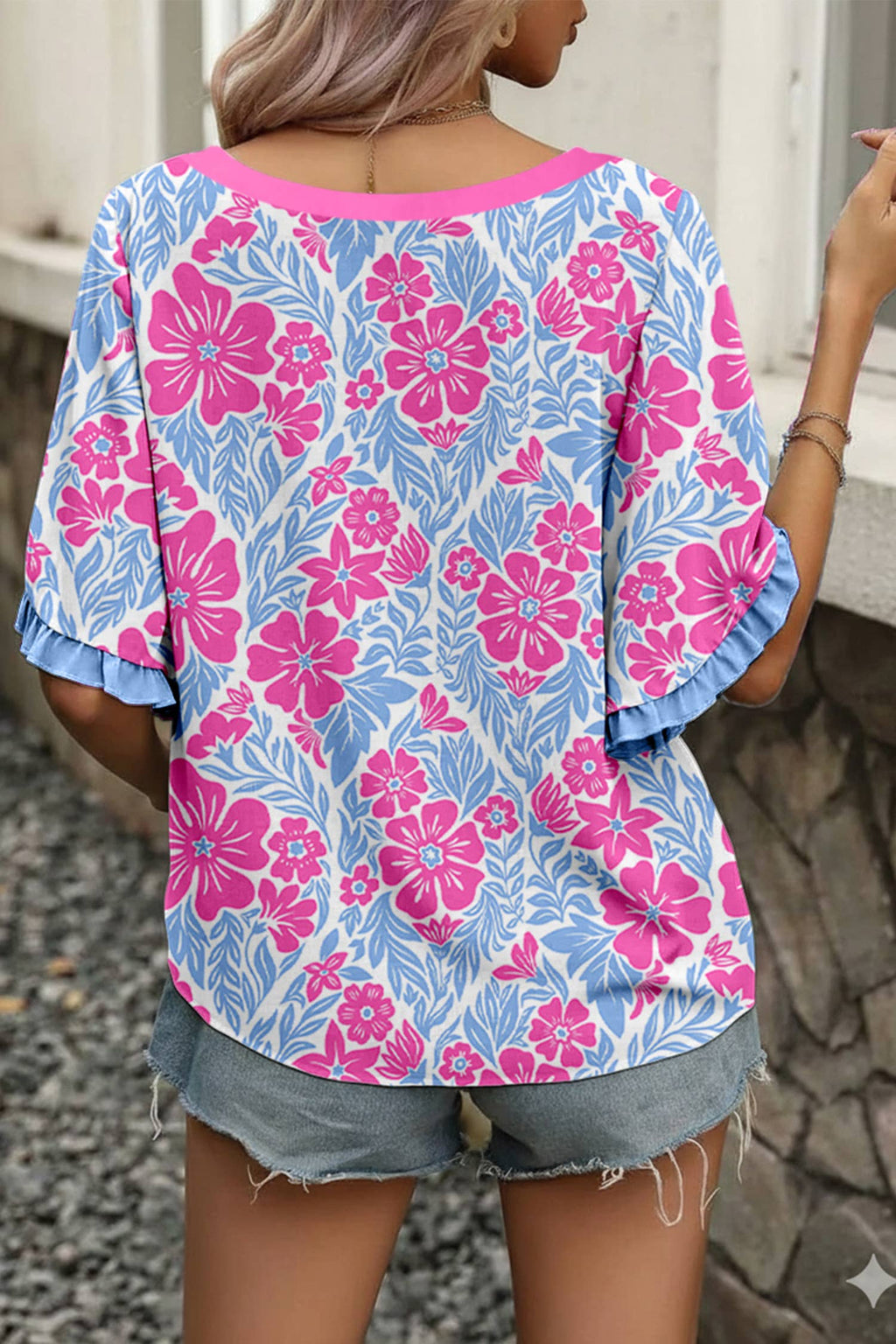 Floral Print Frill Contrast Trim S/S 26 Blouse | S-XL: Sky Blue / L