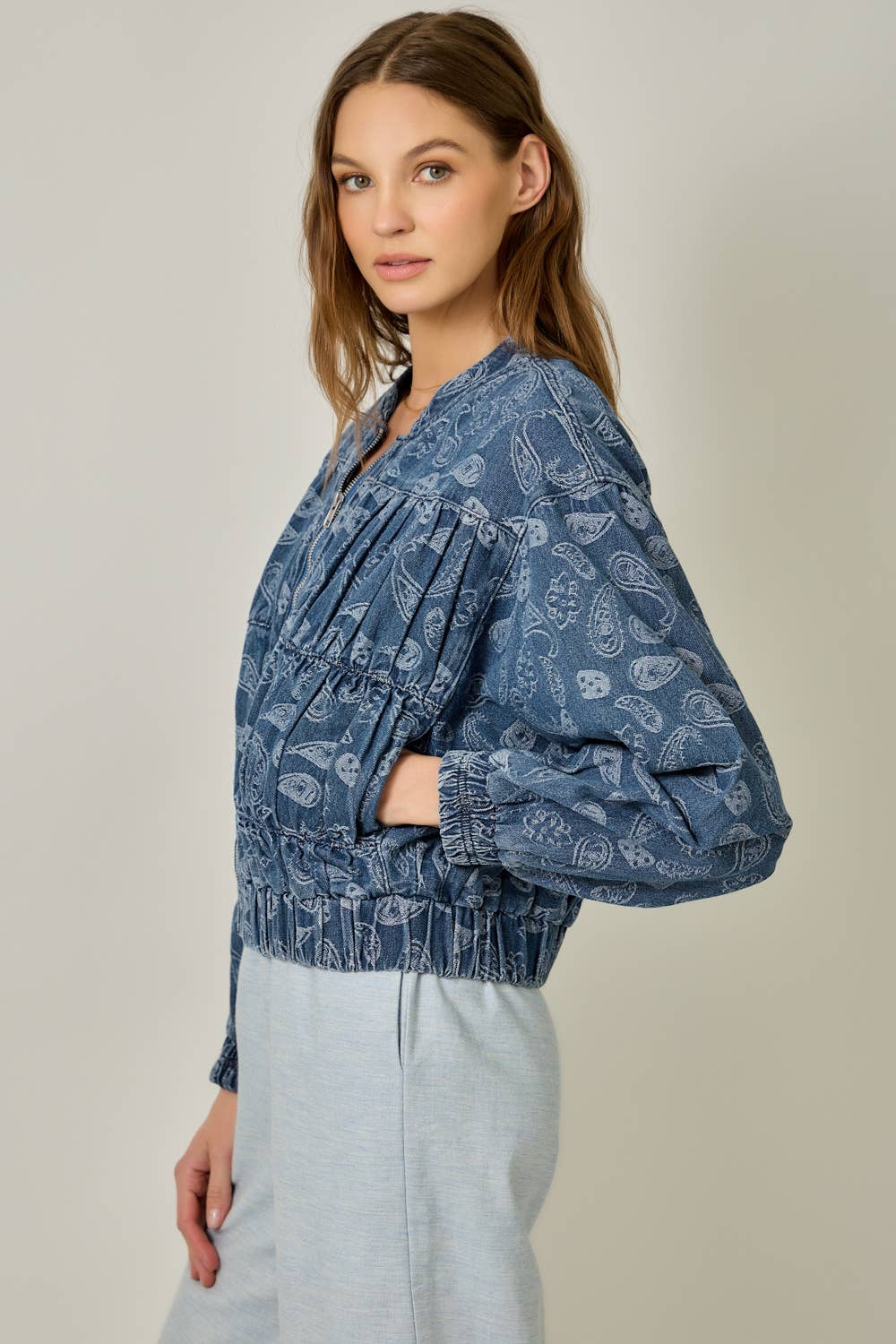61362 Ruched Denim Bomber Jacket: Light Denim Blue / Large