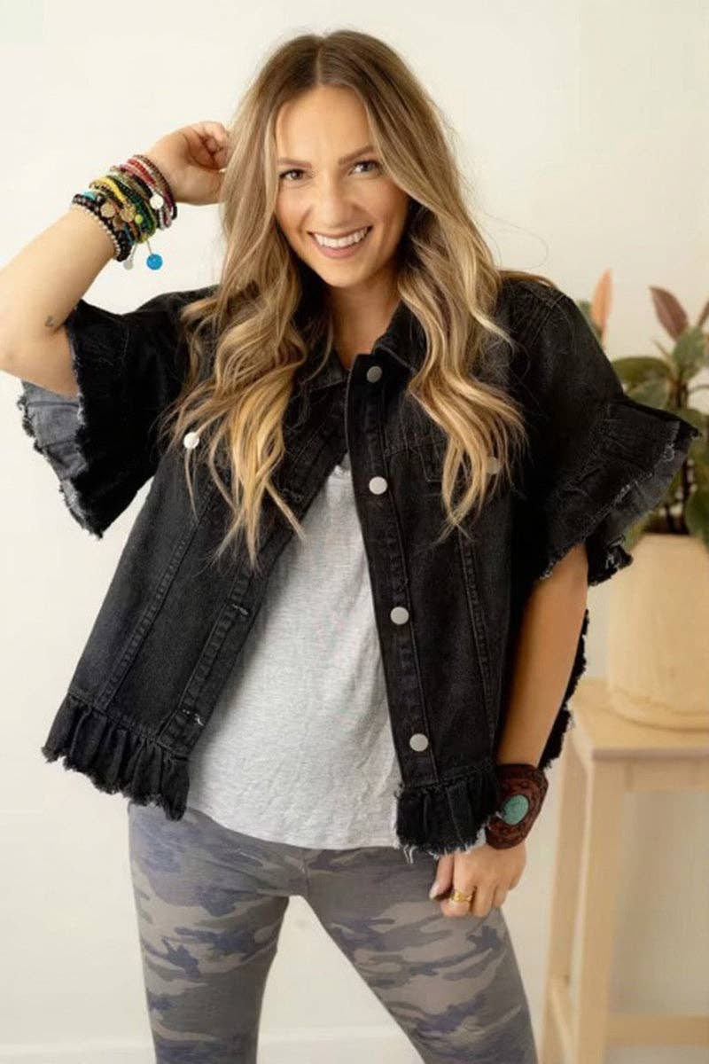 Frayed Hem Denim Jacket: BLUE / L