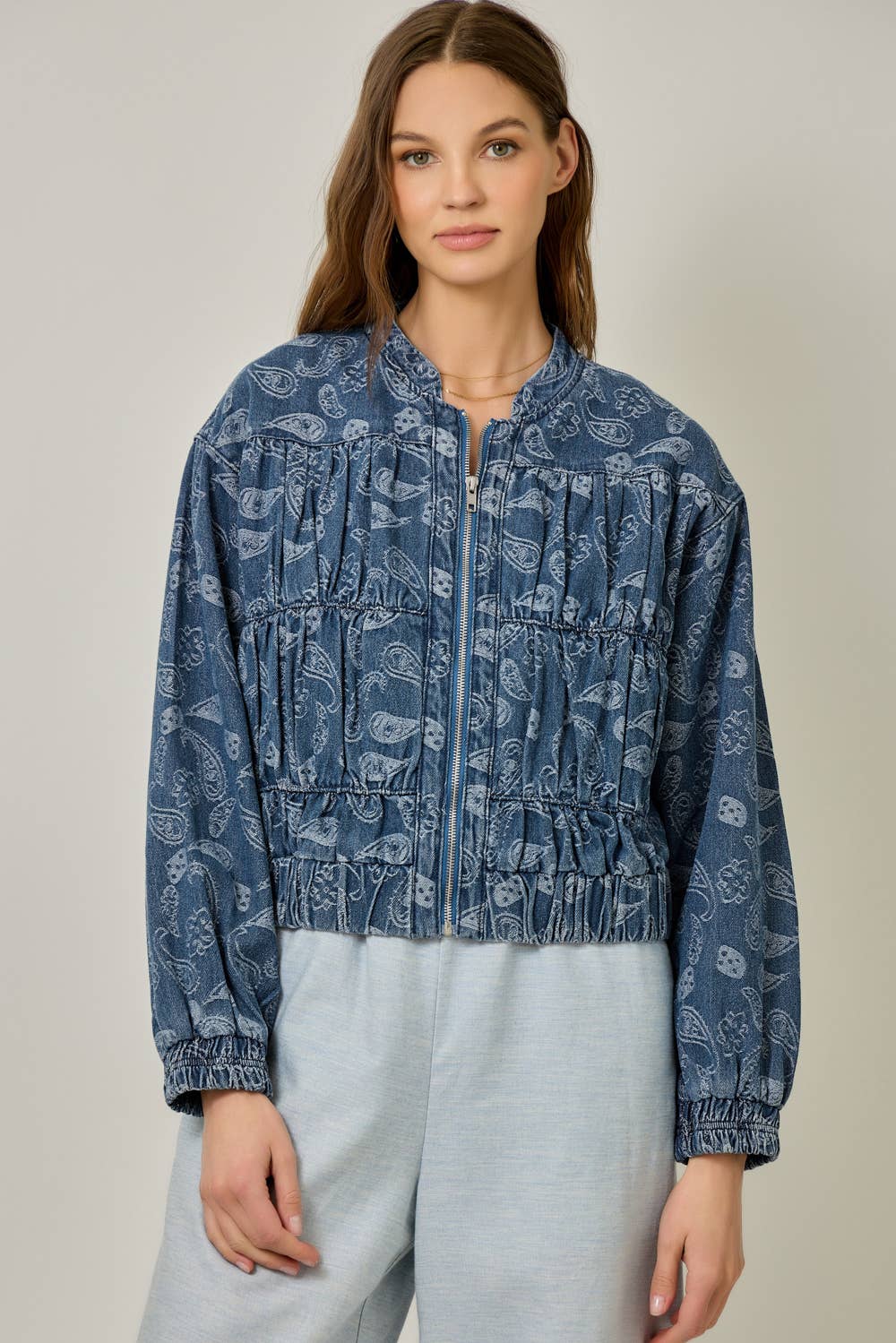61362 Ruched Denim Bomber Jacket: Light Denim Blue / Small
