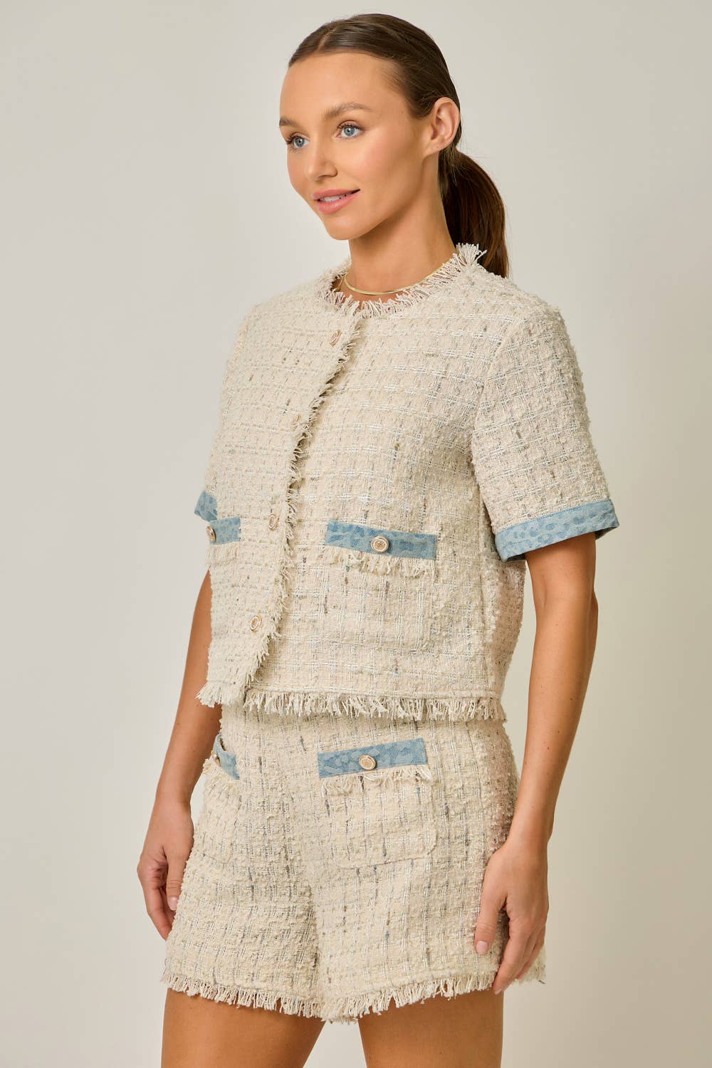 61508 Short Sleeve Fringed Tweed Jacket: Ivory / Small