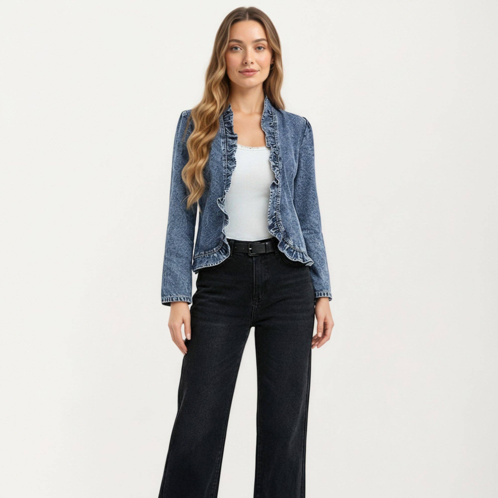 Denim Jacket with Soft Ruffle Trim Open Front Design