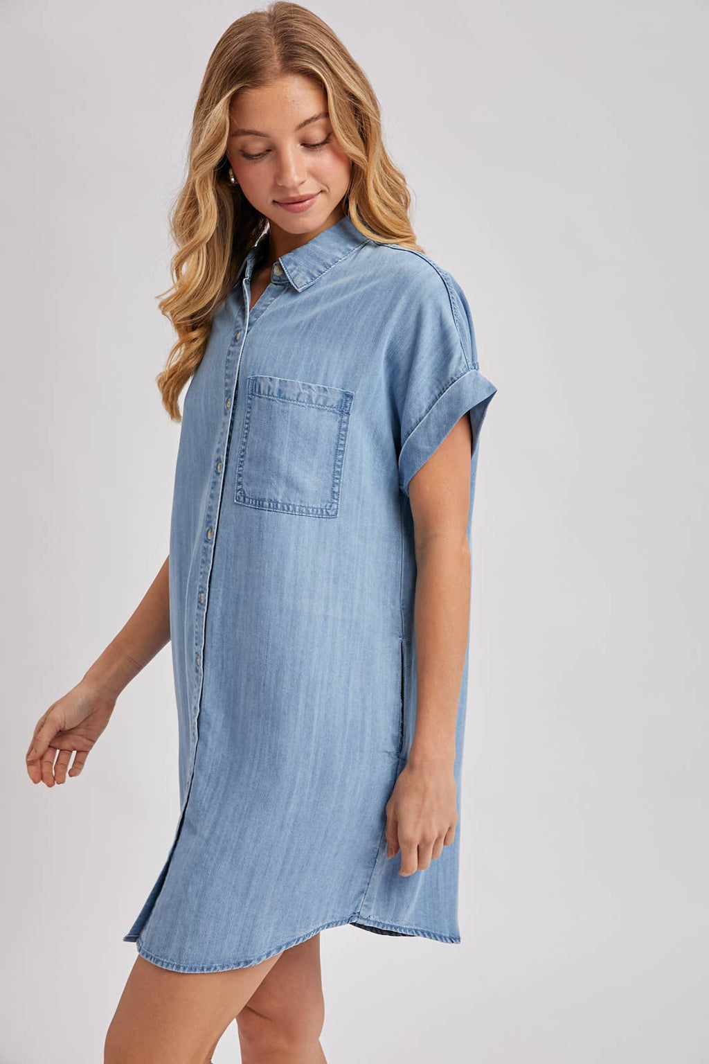 DENIM BUTTON DOWN SHIRT DRESS: LT.WASH / S