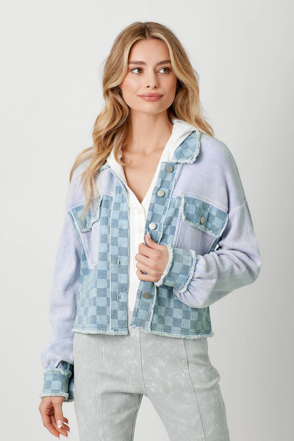 60634 Mixed Media Balloon Sleeve Jacket : Off White Mix / Small
