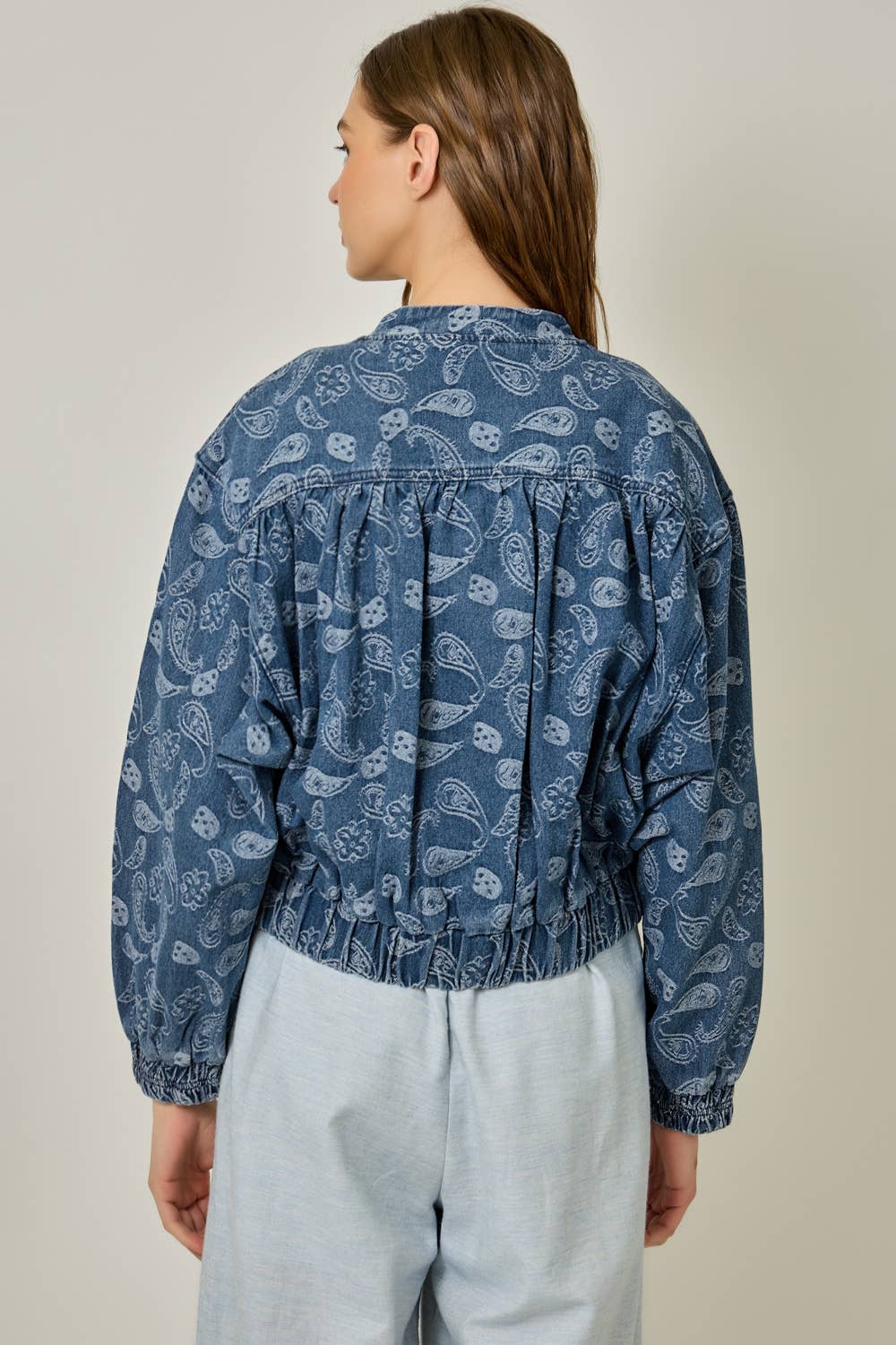 61362 Ruched Denim Bomber Jacket: Light Denim Blue / Small