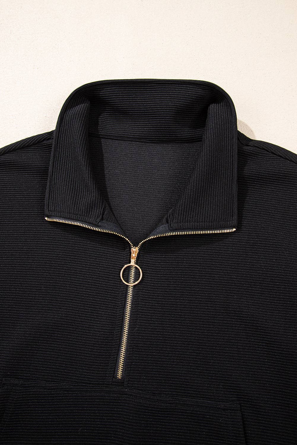 Black Textured Half Zip Kangaroo Pocket Top Drawstring Shorts Set: Black / 95%Polyester+5%Elastane / L