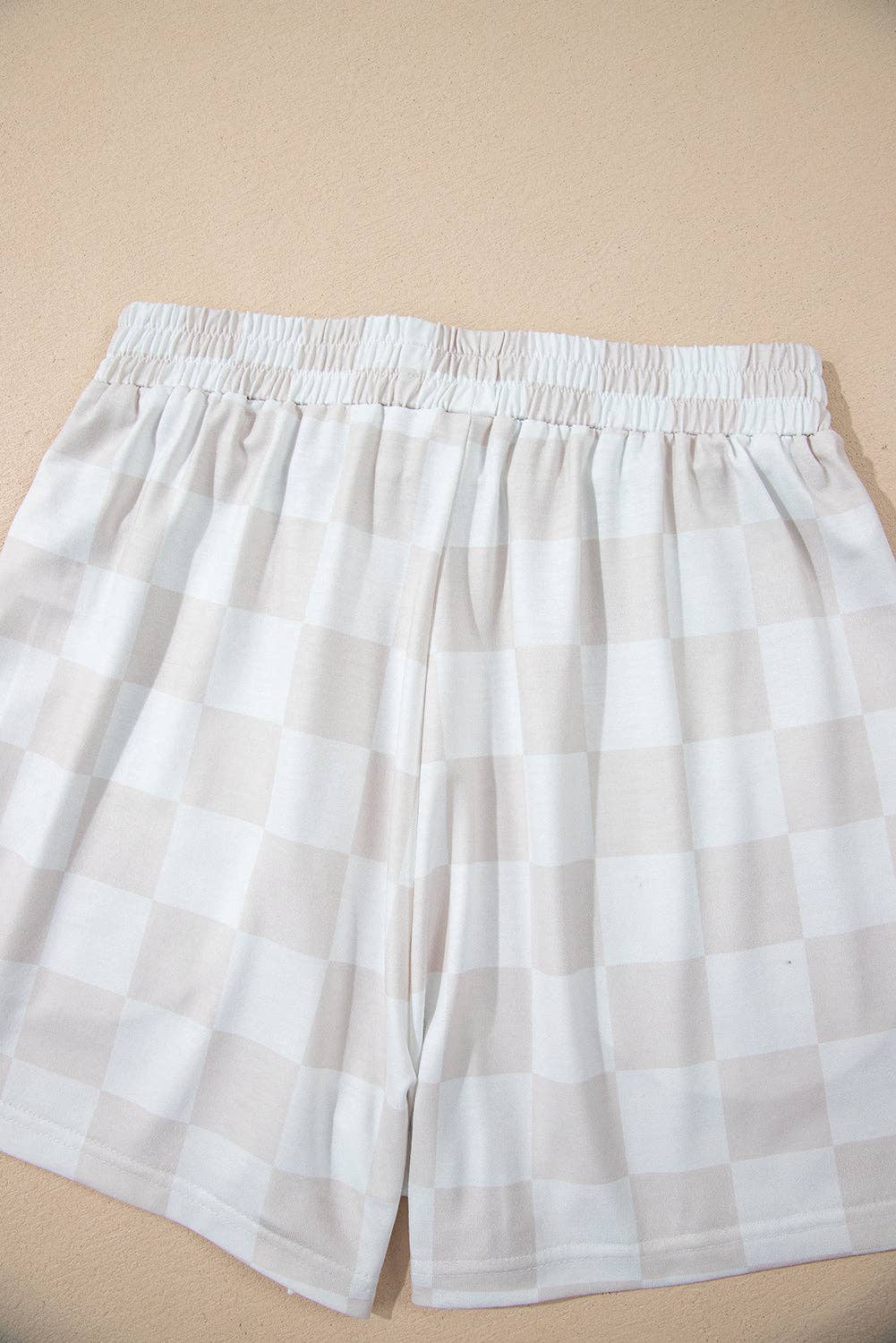 Beige Checkered Lounge Set V Neck Tee Shorts: Beige / 95%Polyester+5%Elastane / L