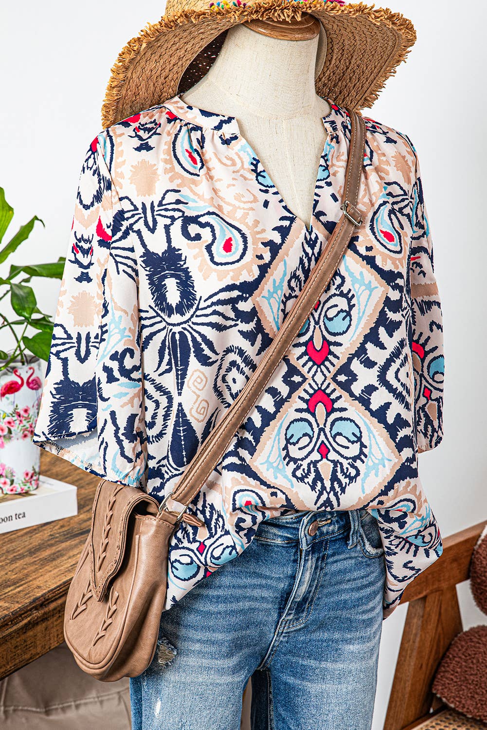 Fashion-W Boho Abstract Notch Split Half Sleeve Blouse: AS SHOWN / Missy / S