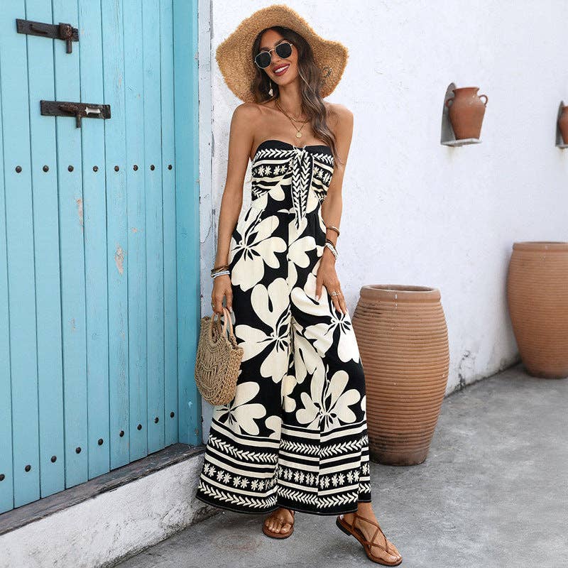 Black Floral Strapless Backless Wide Leg Jumpsuit: Black / 91%Viscose 9%Polyamide / XL