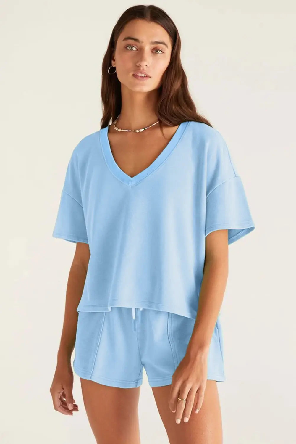 Women’s V-Neck Tee and Drawstring Shorts Lounge Set: Bonbon / 70%Polyester+25%Cotton+5%Elastane / L