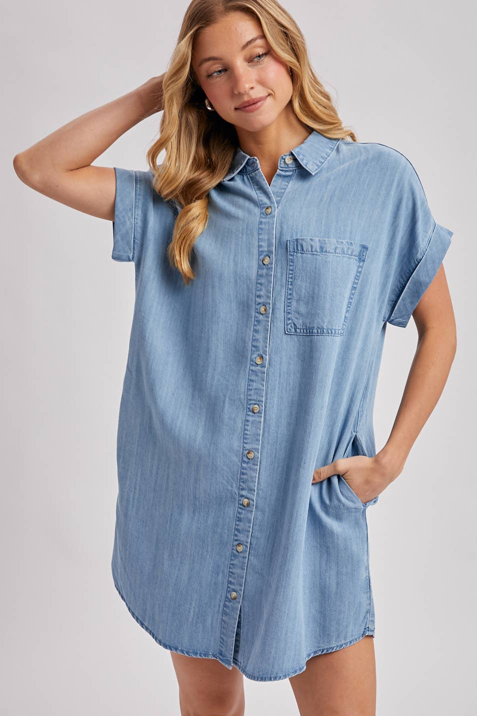 DENIM BUTTON DOWN SHIRT DRESS: MED.WASH / S