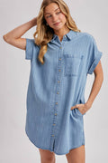 DENIM BUTTON DOWN SHIRT DRESS: LT.WASH / L
