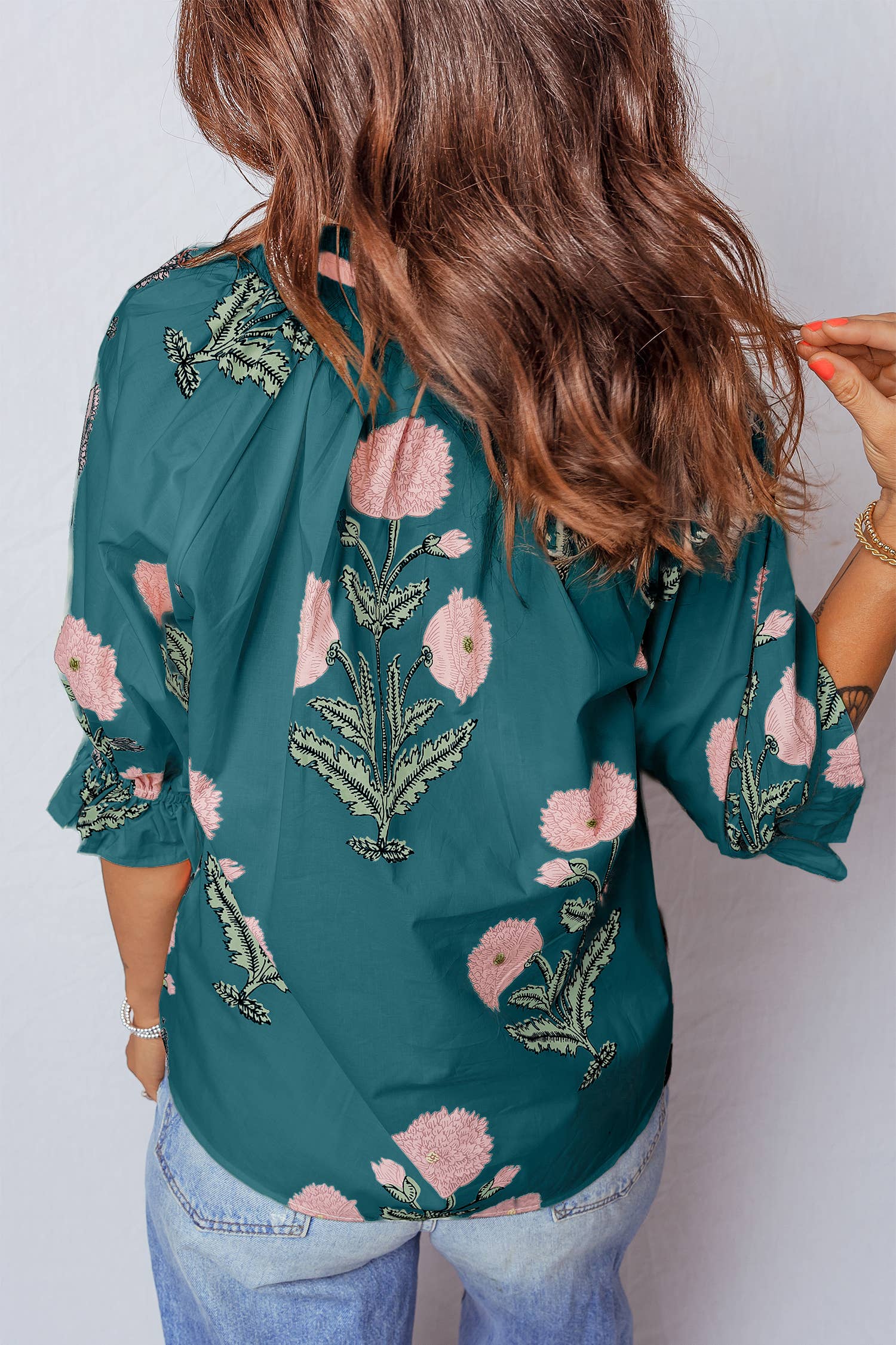 Floral V Neck 3/4 Sleeve Blouse | S-XL: Blue / Missy / M