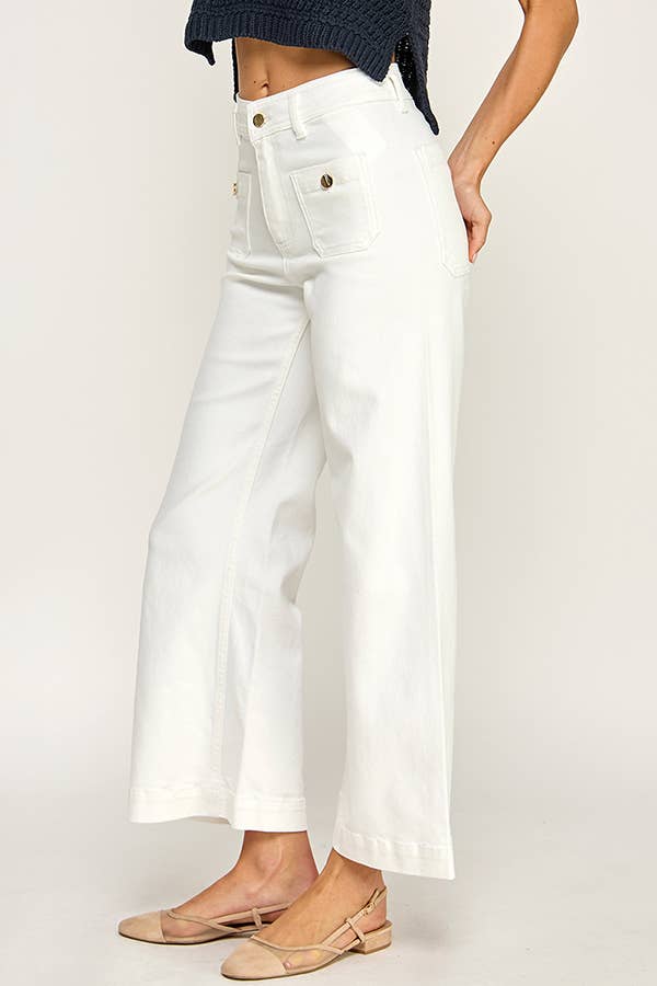 White Flap Pocket Wide Leg Jeans