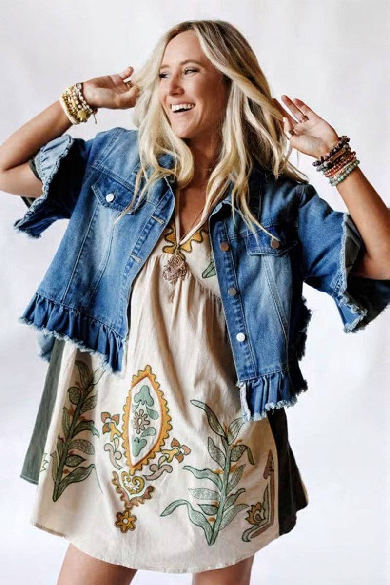 Frayed Hem Denim Jacket: BLUE / L