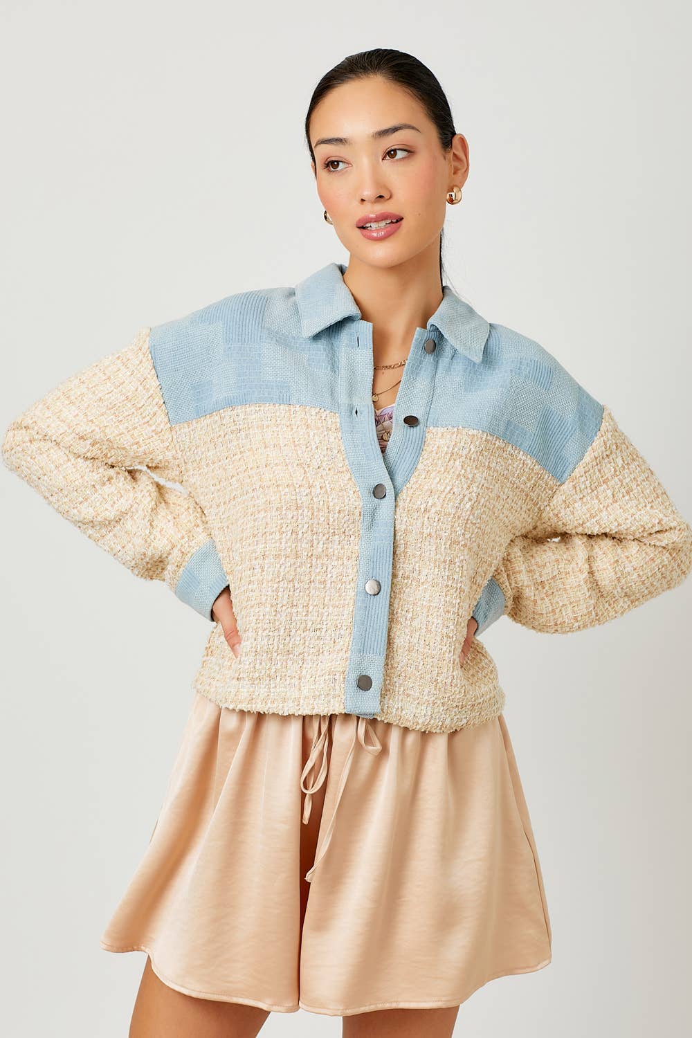 60433 Cropped Denim Mixed Jacket: Ivory Mix / Small